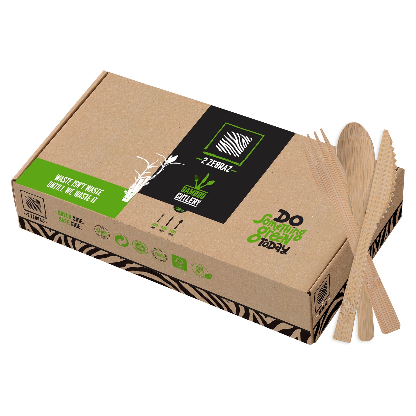 100% Natural Eco-Friendly Bamboo Cutlery Set - 300 Pieces: 100 Forks, 100 Spoons, 100 Knives