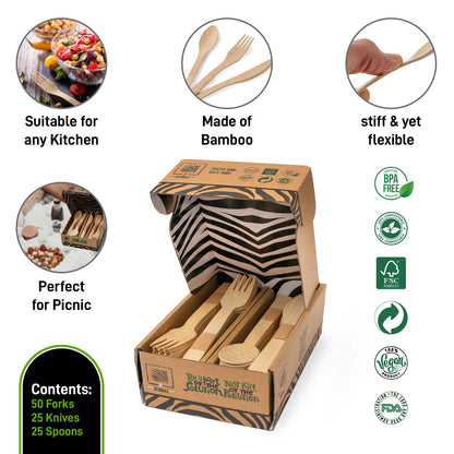 100% Natural Eco-Friendly Bamboo Cutlery Set - 100 Pieces: 50 Forks, 25 Spoons, 25 Knives