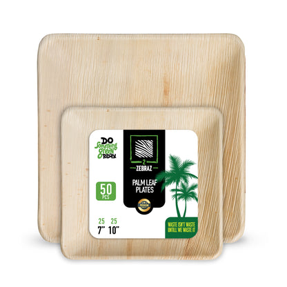 2 ZEBRAZ Premium  set Palm Leaf Plates Square Set of 50pc Heavy Duty Bamboo Plates Natural Alternative to Plastic & Paper - Party Pack for Weddings & Events - Microwave Safe (25pc 10" + 25pc 7")