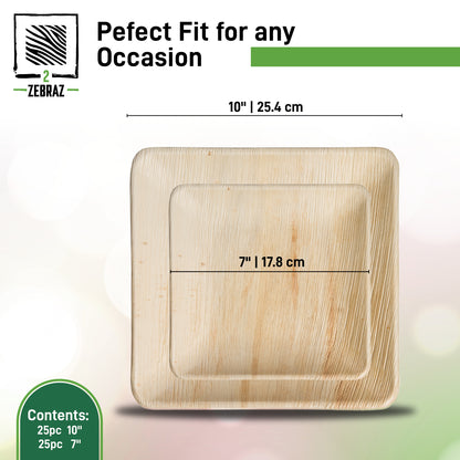 2 ZEBRAZ Premium  set Palm Leaf Plates Square Set of 50pc Heavy Duty Bamboo Plates Natural Alternative to Plastic & Paper - Party Pack for Weddings & Events - Microwave Safe (25pc 10" + 25pc 7")