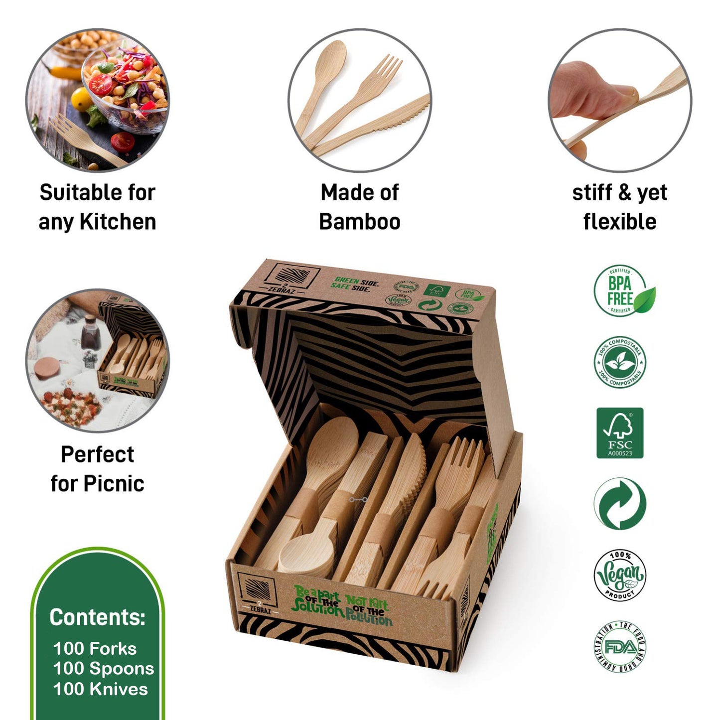 100% Natural Eco-Friendly Bamboo Cutlery Set - 300 Pieces: 100 Forks, 100 Spoons, 100 Knives