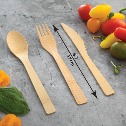 100% Natural Eco-Friendly Bamboo Cutlery Set - 100 Pieces: 50 Forks, 25 Spoons, 25 Knives