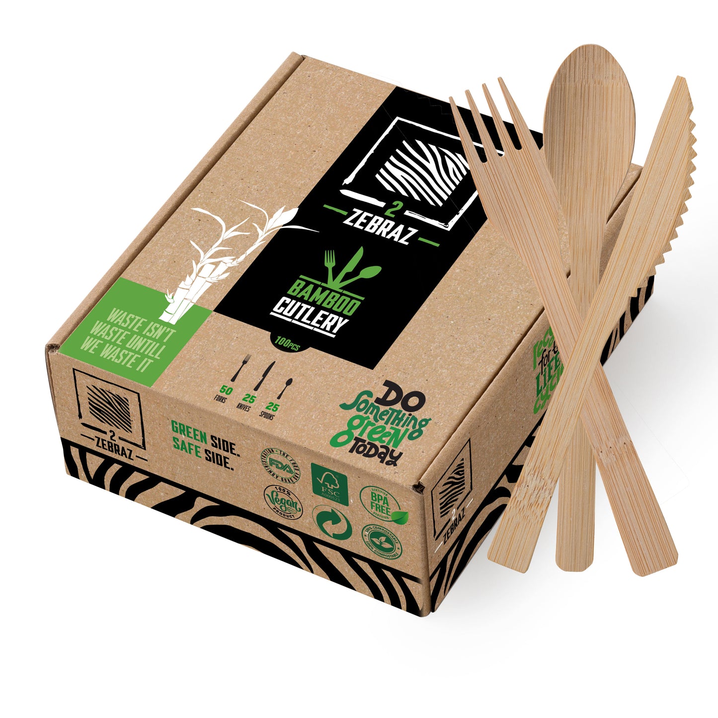 100% Natural Eco-Friendly Bamboo Cutlery Set - 100 Pieces: 50 Forks, 25 Spoons, 25 Knives